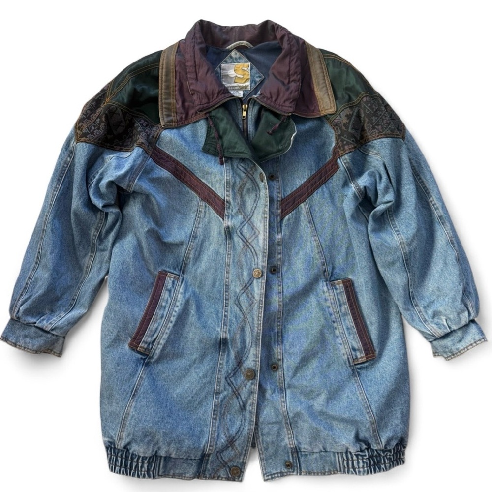 Vintage 90s Oversized Denim Jacket | Western Patchwork Boho Retro | Size L
